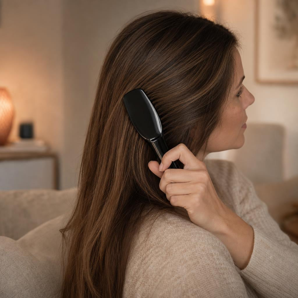 Una mujer se pasa el peine negro por el pelo en el sofa